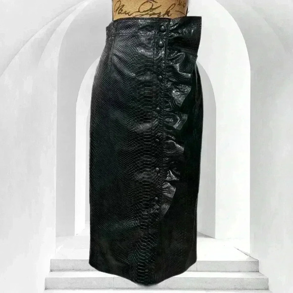 REBECCA TAYLOR black faux leather croc embossed midi skirt ruffle button 4 - Picture 1 of 6